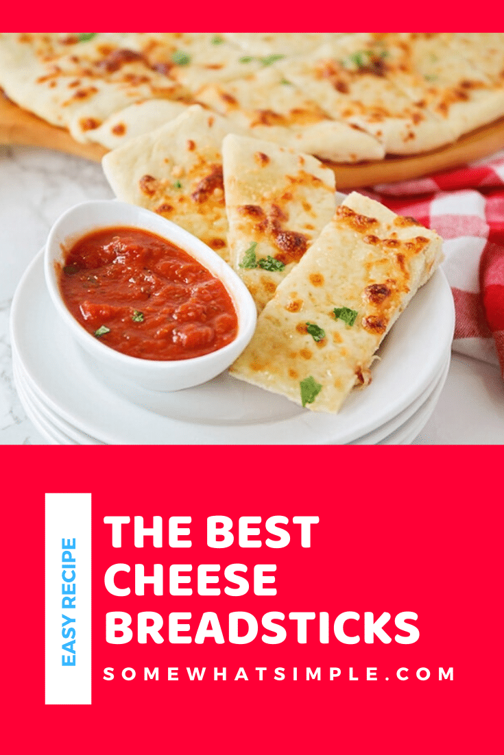 These cheesy breadsticks are so easy, they only take 30 minutes to make from start to finish. You can enjoy these homemade breadsticks as an appetizer or side dish and go great with any meal. #cheesebreadsticks #homemadecheesebreadsticks #cheesybreadsticks #easybreadrecipe #cheesebreadsticksrecipe via @somewhatsimple