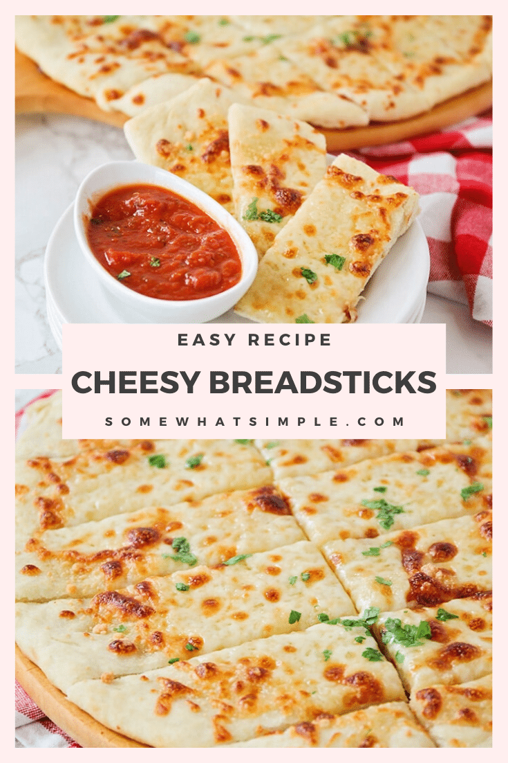 These cheesy breadsticks are so easy, they only take 30 minutes to make from start to finish. You can enjoy these homemade breadsticks as an appetizer or side dish and go great with any meal. #cheesebreadsticks #homemadecheesebreadsticks #cheesybreadsticks #easybreadrecipe #cheesebreadsticksrecipe via @somewhatsimple