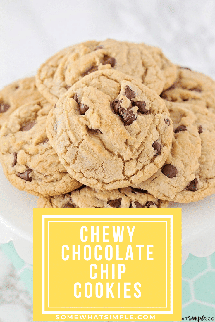 These chewy chocolate chip cookies are thick, soft and jam packed with chocolate chips! They are big and delicious and super simple to make! #chewychocolatechipcookies #softchocolatechipcookies #bestchocolatechipcookies #easychocolatechipcookierecipe #chocolatechipcookies via @somewhatsimple