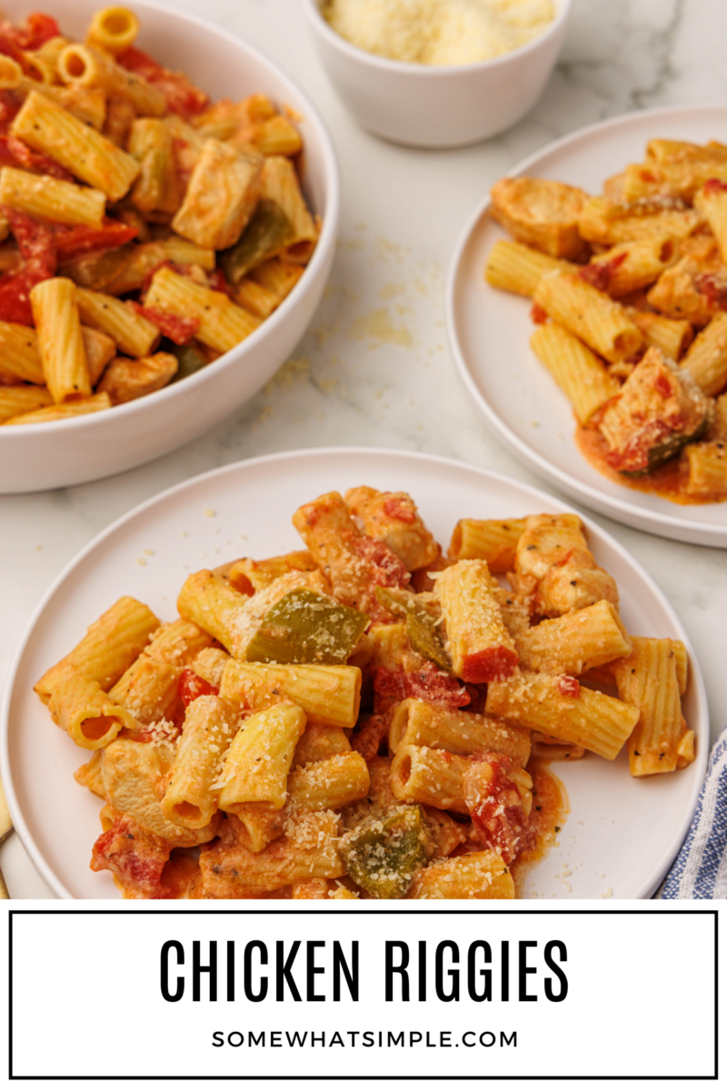 long image of Chicken Riggies on two plates and a bowl