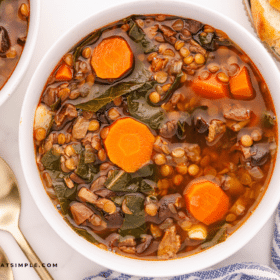 Finished Lentil Soup in a white bowl