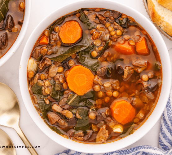 Finished Lentil Soup in a white bowl