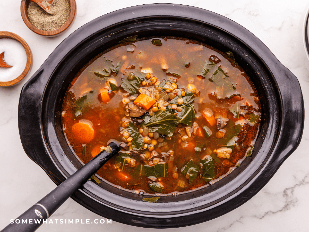 serving spoon in a crock pot full of Lentil Soup