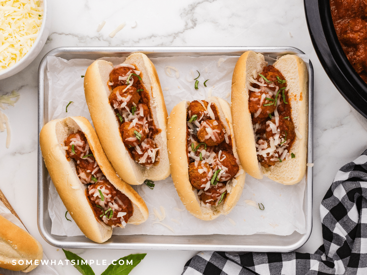 4 Meatball Sandwiches on a baking sheet