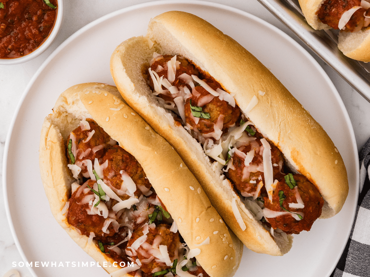 overhead shot of 2 Meatball Sandwiches