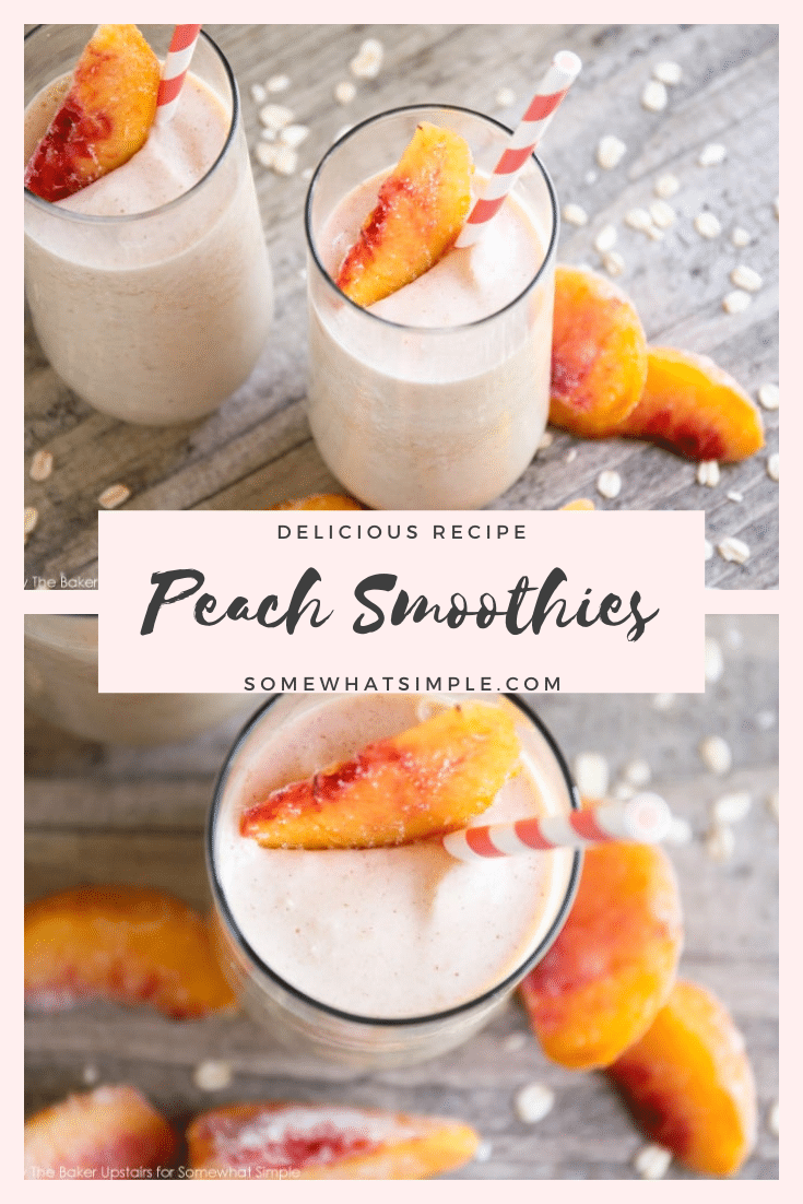 This easy peach smoothie recipe is full of fresh peaches and other other fresh ingredients.  Throw these in a blender for about 30 seconds and you'll have a creamy and refreshing treat that your taste buds will crave! #peachsmoothie #peachsmoothierecipe #freshpeachsmoothierecipe #summerdrinkrecipe #frozenpeachsmoothie via @somewhatsimple