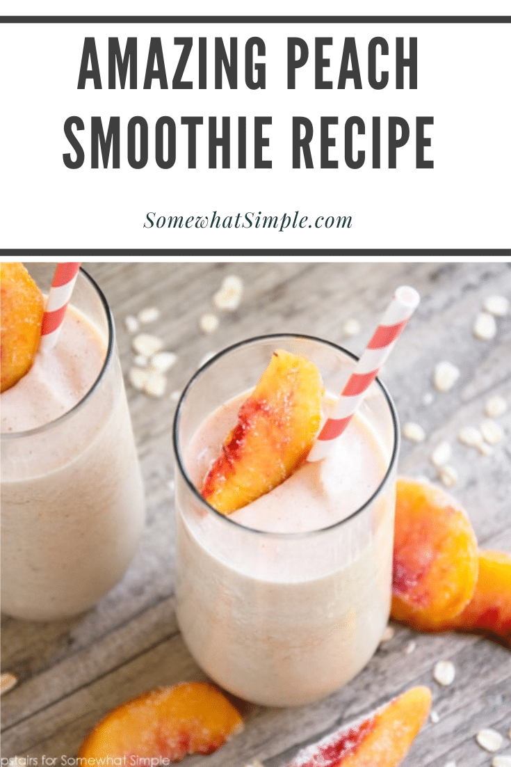 This delicious peach smoothie is easy to make and healthy too! Blend frozen peaches and some fresh ingredients and you're good to go! via @somewhatsimple