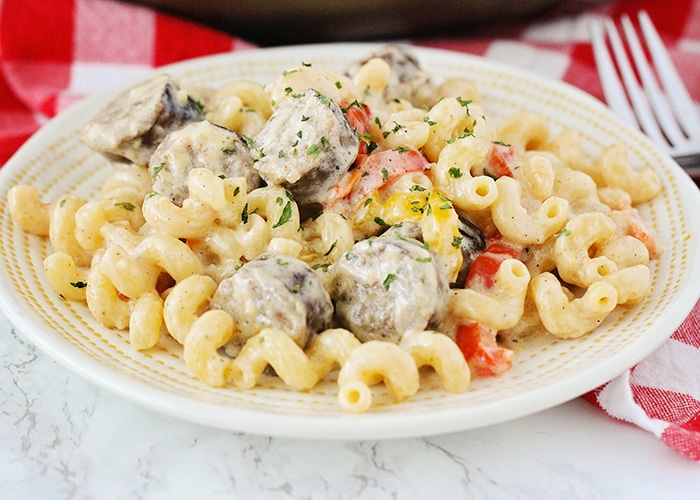 Cajun Cream Sauce Recipe with Pasta, Sausage and Pepper in a white bowl on a red checkered napkin