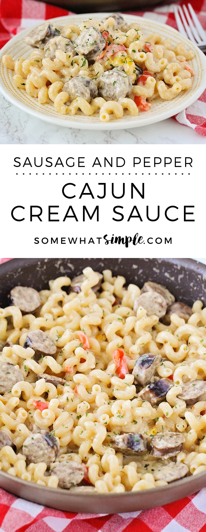 This rich and creamy cajun cream sauce pasta is a quick and easy recipe to prepare. Loaded with sausage and bell peppers this dinner is FULL of flavor! #cajuncreamsauce #cajuncreamsaucepasta #cajuncreamsaucepastarecipe #cajuncreamsauceforchicken #cajuncreamsauceforfish via @somewhatsimple