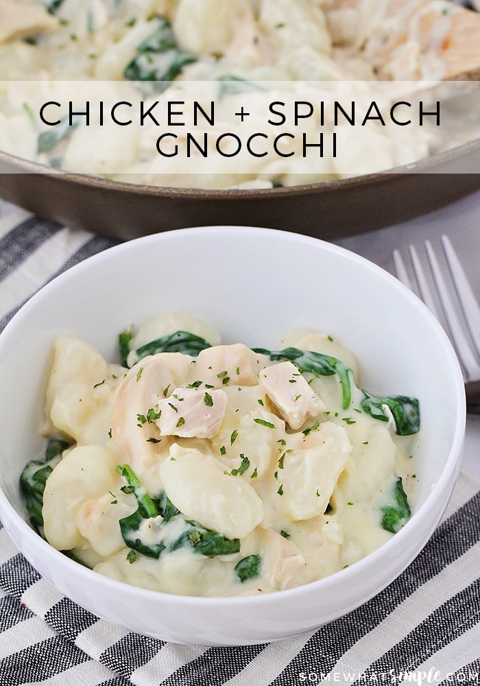 This cheesy spinach chicken gnocchi is a simple and easy dinner that's ready in less than thirty minutes!  Made with fresh spinach and shredded chicken and cheese, it's so delicious and the kids will love it too! #chickengnocchi #chickengnocchirecipe #howtomakechickengnocchi #easychickengnocchirecipe #spinachchicketngnocchi via @somewhatsimple