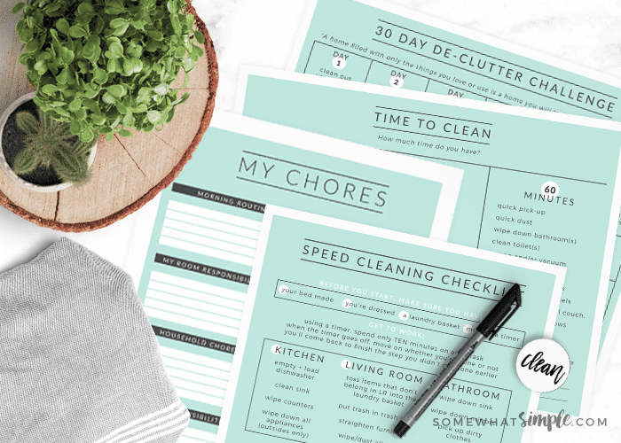 4 cleaning printables on the counter with a pen, a rag, and a plant