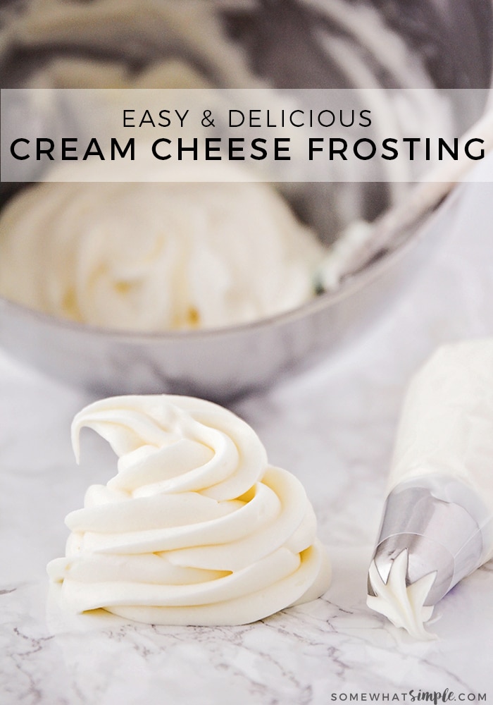 This simple, 6-ingredient cream cheese frosting is easy to make and pipe onto your favorite baked goods. You’ll never want (or need!) another frosting recipe. via @somewhatsimple