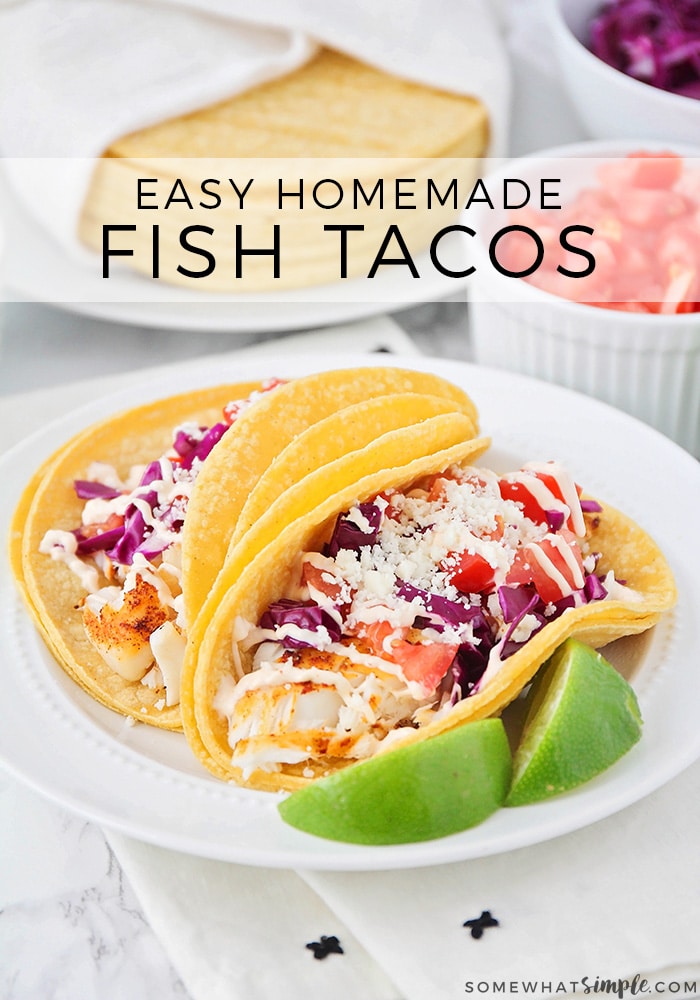 These delicious baked tilapia fish tacos are way better than take out, and it is so easy to make!  Wrapped in a warm corn tortilla and loaded with a generous helping of baked tilapia and your favorite toppings, these tacos are amazing! Enjoy one of your favorite restaurant meals at home. #tilapiafishtacos #easyfishtacos #bestfishtacos #bakedtilapia #tilapiarecipe via @somewhatsimple