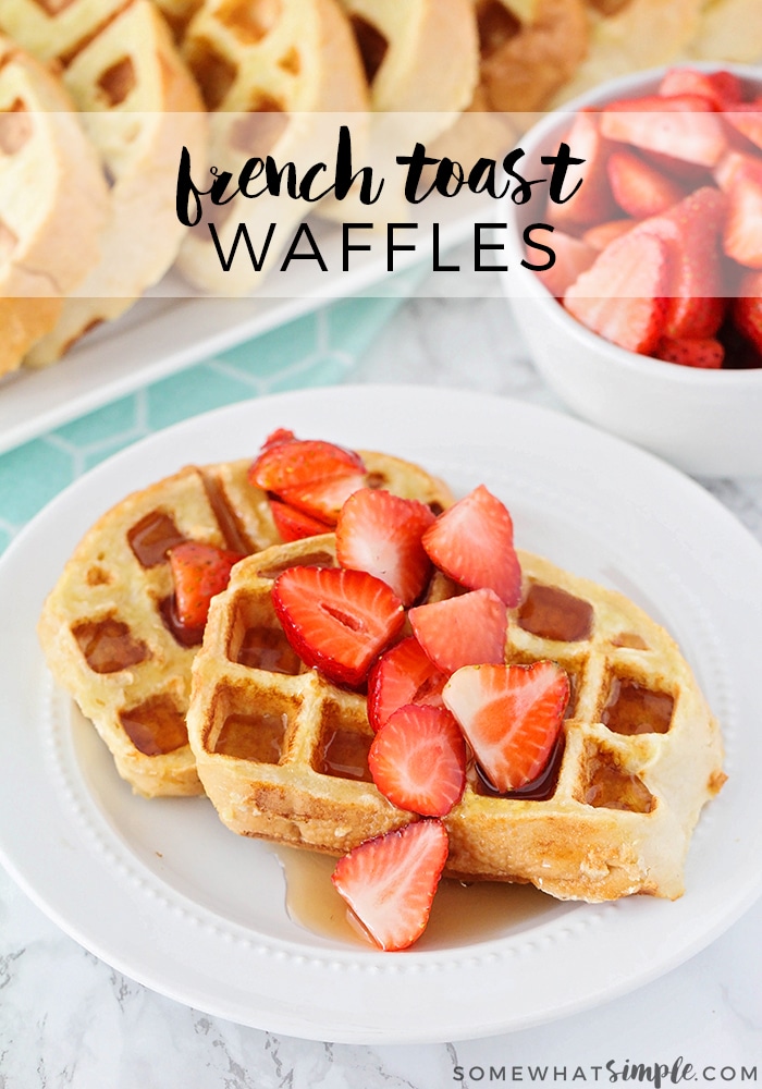 Warm, crispy edges with a soft rich inside - French Toast Waffles are a great way to get the best of both worlds!   #frenchtoast #frenchtoastwaffles #howtomakefrenchtoastinawafflemaker #frenchtoastwafflesrecipe via @somewhatsimple