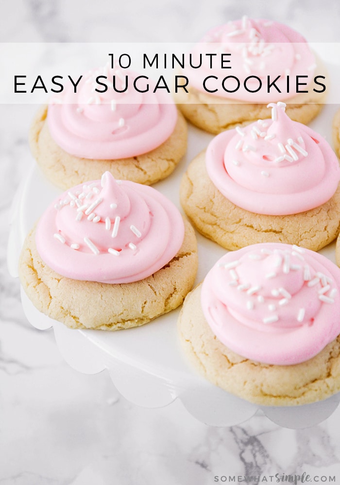 These easy sugar cookies are a favorite in our home! A no-chill recipe made with simple ingredients that comes together quickly! They're so easy, they only take 10 minutes from start to finish. #sugarcookiesfrosting #easysugarcookierecipe #10minutesugarcookies #bestsugarcookierecipe #nochillsugarcookies via @somewhatsimple