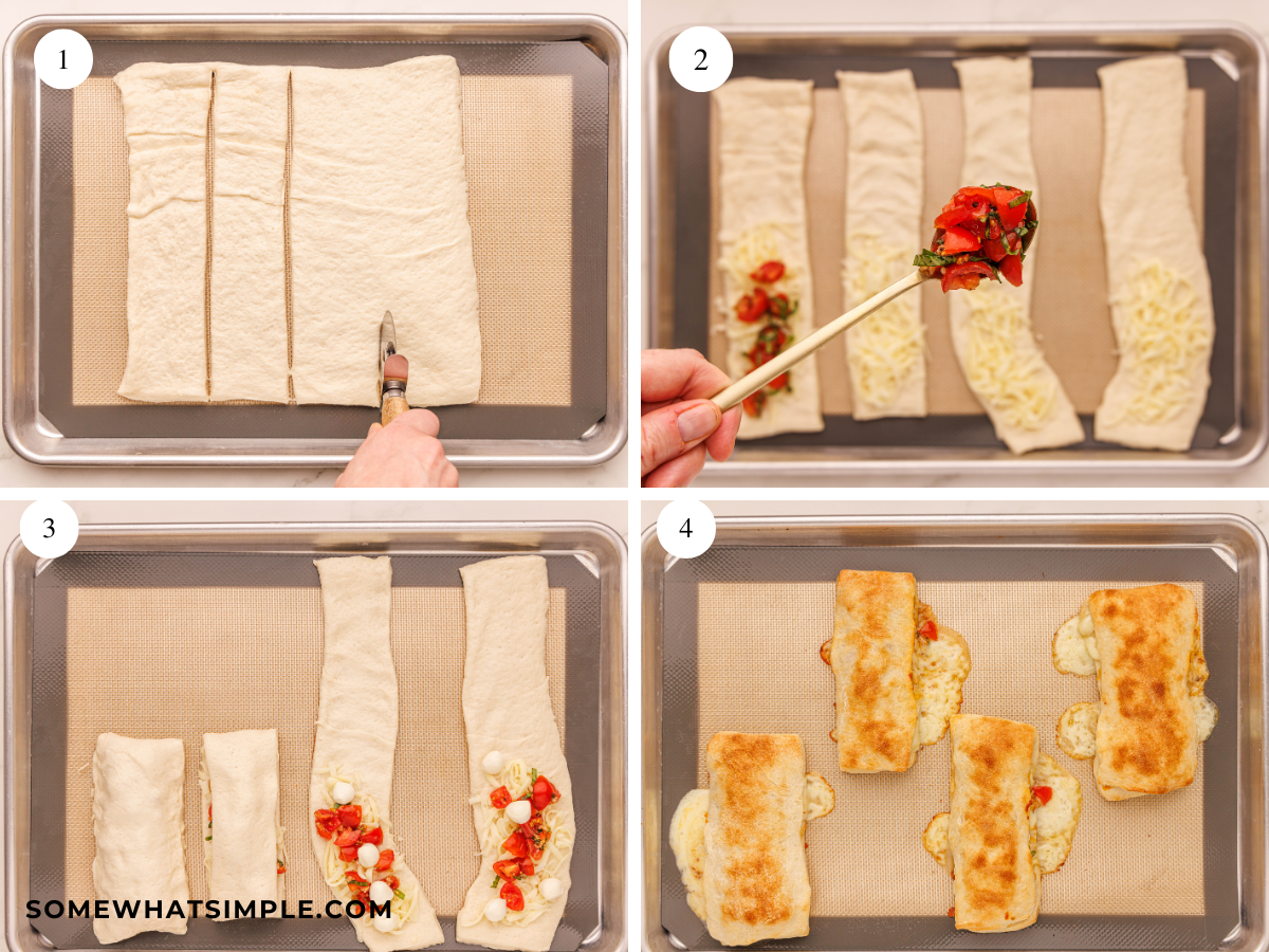 collage of images showing the step by step process of making Caprese Calzones