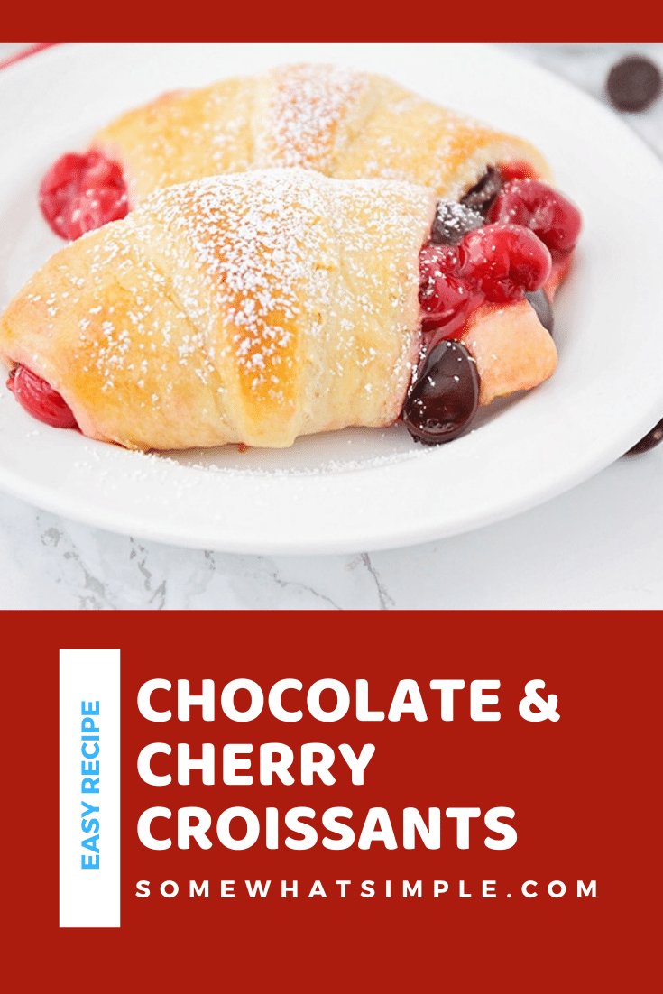 If you love the flavor combination of a rich chocolate cherry dessert, these delicious croissants will make your taste buds super happy!  With just 3 ingredients, these dessert croissants are simple but incredibly delicious! These are the perfect dessert to serve after your delicious holiday dinner. via @somewhatsimple