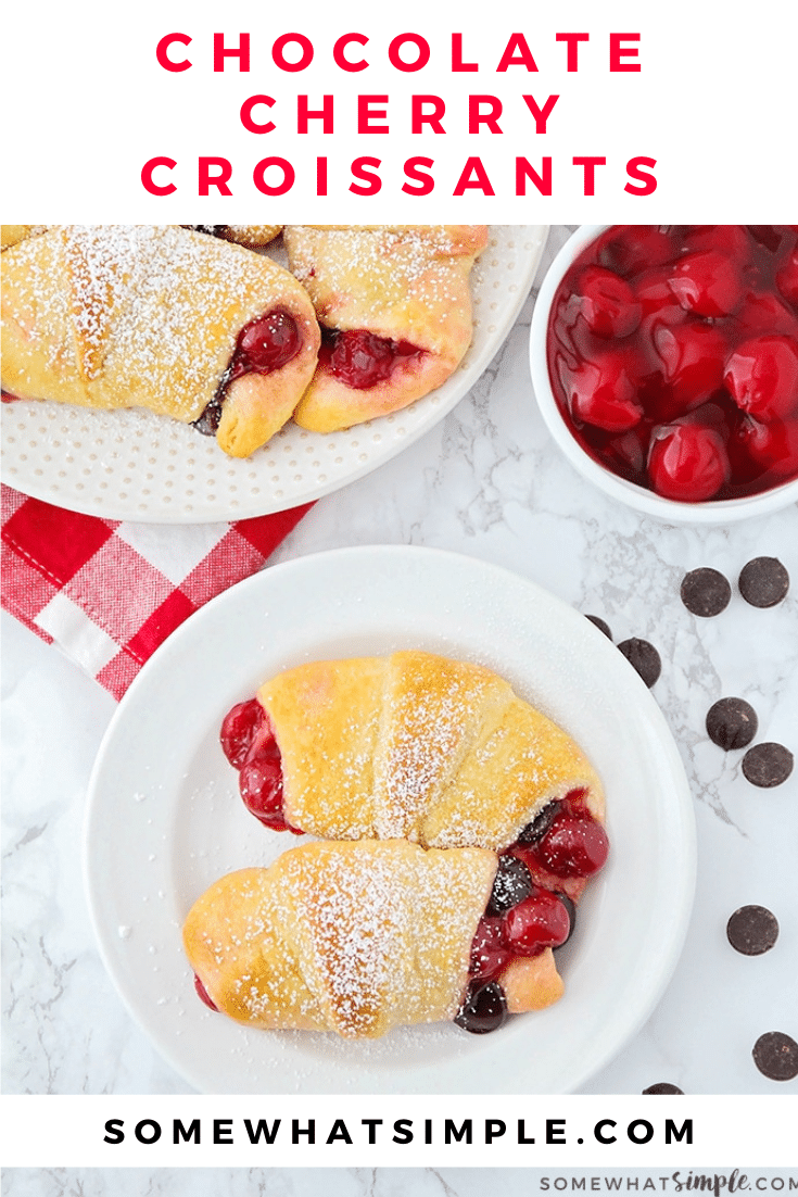 If you love the flavor combination of a rich chocolate cherry dessert, these delicious croissants will make your taste buds super happy!  With just 3 ingredients, these dessert croissants are simple but incredibly delicious! These are the perfect dessert to serve after your delicious holiday dinner. via @somewhatsimple