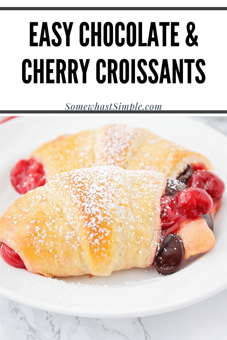 If you love the flavor combination of a rich chocolate cherry dessert, these delicious croissants will make your taste buds super happy!  With just 3 ingredients, these dessert croissants are simple but incredibly delicious! These are the perfect dessert to serve after your delicious holiday dinner. via @somewhatsimple