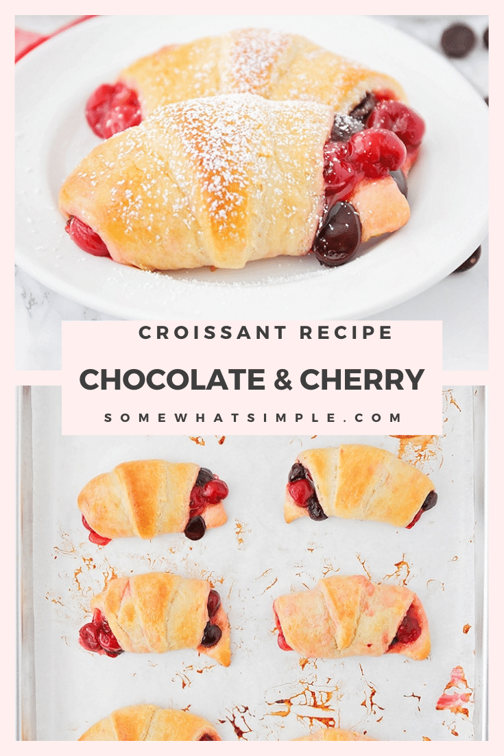 If you love the flavor combination of a rich chocolate cherry dessert, these delicious croissants will make your taste buds super happy!  With just 3 ingredients, these dessert croissants are simple but incredibly delicious! These are the perfect dessert to serve after your delicious holiday dinner. via @somewhatsimple