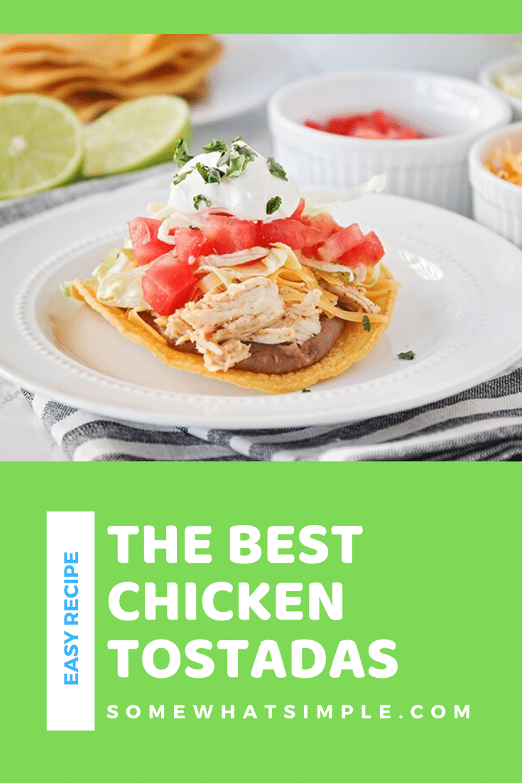 These honey and lime chicken tostadas are AMAZING!  This deliciously meal is easy to make and this deliciously flavored chicken can be used in any of your favorite Mexican-inspired recipes! #chickentostadas #honeylimechickentostadas #mexicanchickentostadas #easychickentostadarecipe #mexicandinneridea via @somewhatsimple