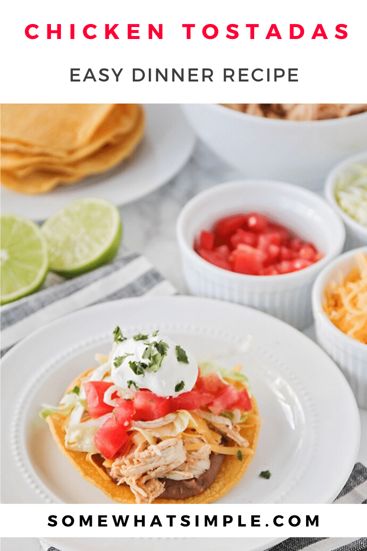 These honey and lime chicken tostadas are AMAZING!  This deliciously meal is easy to make and this deliciously flavored chicken can be used in any of your favorite Mexican-inspired recipes! #chickentostadas #honeylimechickentostadas #mexicanchickentostadas #easychickentostadarecipe #mexicandinneridea via @somewhatsimple