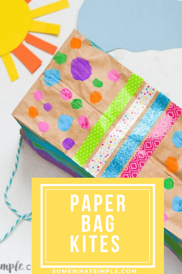 The kids will have so much fun decorating and making their very own paper bag kites - just in time for spring! Made with a brown paper bag and a few simple supplies, they're easy to put together and so much fun to make! #craftsforkids #paperbagkites #papercrafts #howtomakeapaperbagkite #kidscraft via @somewhatsimple