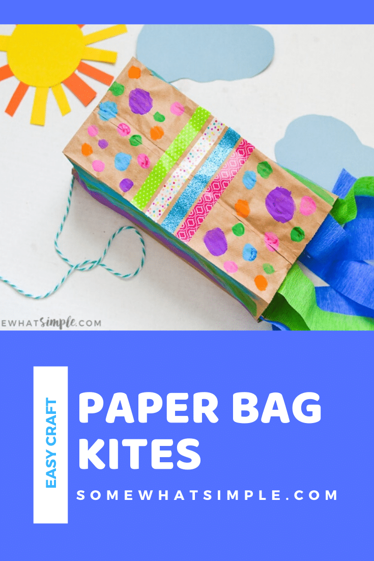 The kids will have so much fun decorating and making their very own paper bag kites - just in time for spring! Made with a brown paper bag and a few simple supplies, they're easy to put together and so much fun to make! #craftsforkids #paperbagkites #papercrafts #howtomakeapaperbagkite #kidscraft via @somewhatsimple