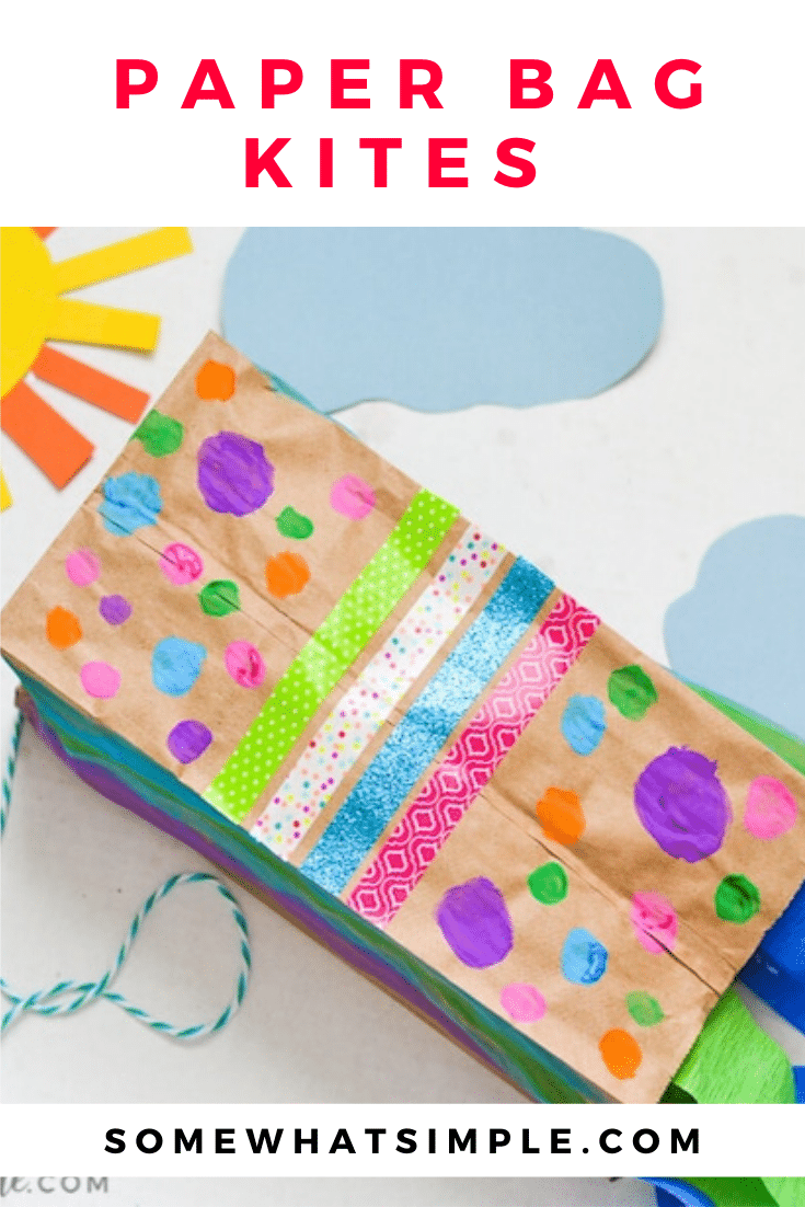 The kids will have so much fun decorating and making their very own paper bag kites - just in time for spring! Made with a brown paper bag and a few simple supplies, they're easy to put together and so much fun to make! #craftsforkids #paperbagkites #papercrafts #howtomakeapaperbagkite #kidscraft via @somewhatsimple