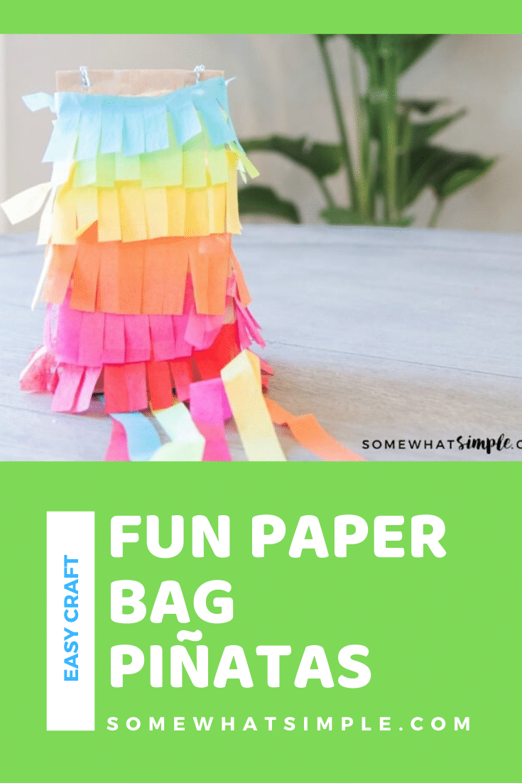 Kick your party up a notch on the "fun meter" with these simple paper bag piñatas! Made with just a few simple supplies, these are so much fun to make and even more fun to break open! #kidscraft #paperbagpinatas #papgerbagpinatasforkids #cincodemayo #craft #fiesta #easycraft via @somewhatsimple