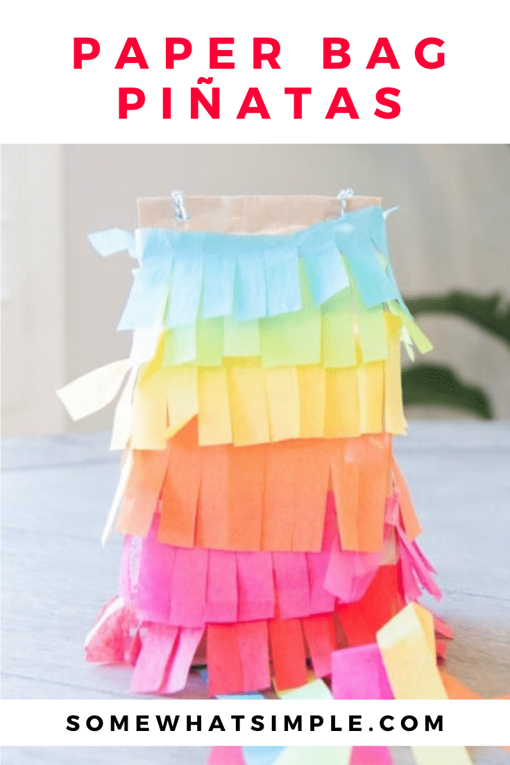 Kick your party up a notch on the "fun meter" with these simple paper bag piñatas! Made with just a few simple supplies, these are so much fun to make and even more fun to break open! #kidscraft #paperbagpinatas #papgerbagpinatasforkids #cincodemayo #craft #fiesta #easycraft via @somewhatsimple