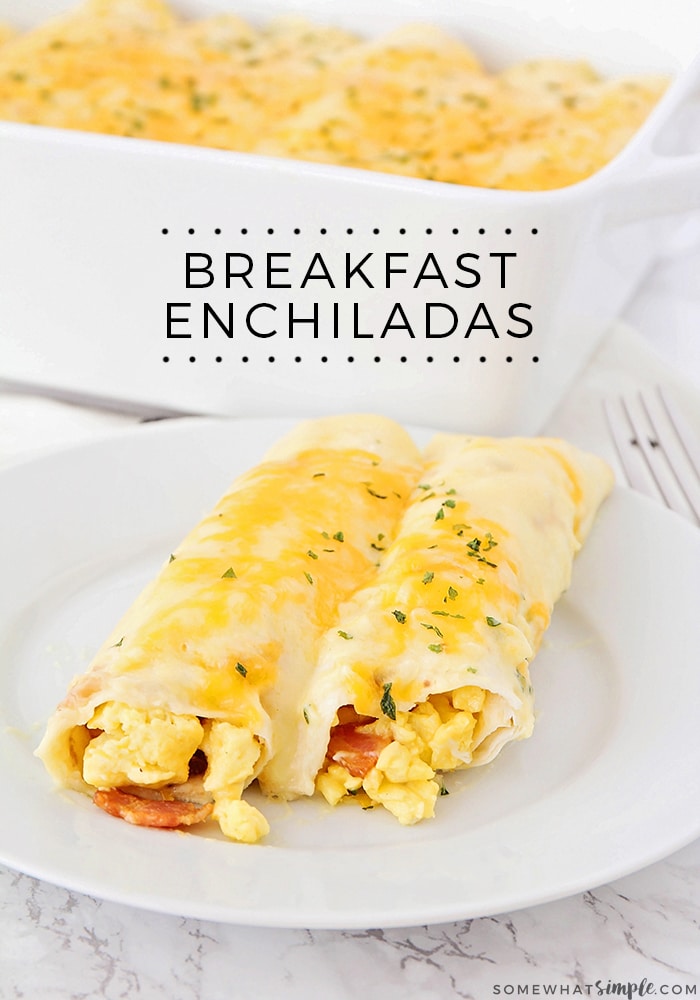 These amazing breakfast enchiladas are a fun twist on a traditional breakfast recipe! They're loaded with eggs, bacon, and cheese, and they are so delicious! The best part is that these breakfast enchiladas are that they can be frozen so you can make them ahead of time. via @somewhatsimple