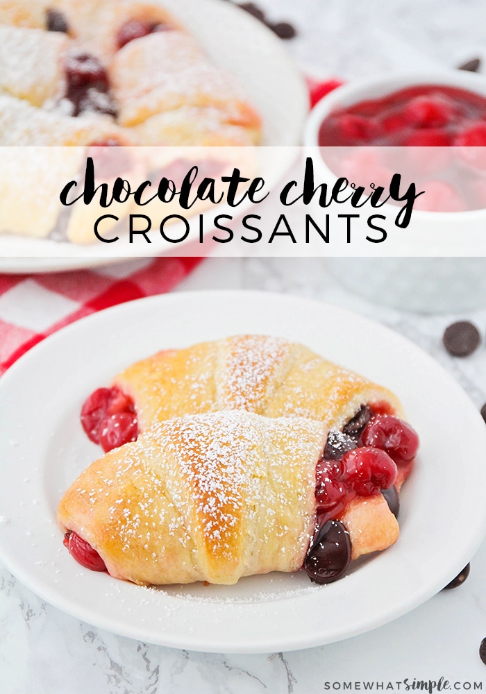 If you love the flavor combination of a rich chocolate cherry dessert, these delicious croissants will make your taste buds super happy!  With just 3 ingredients, these dessert croissants are simple but incredibly delicious! These are the perfect dessert to serve after your delicious holiday dinner. via @somewhatsimple