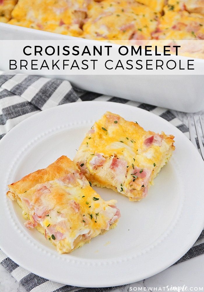 This easy croissant breakfast egg casserole recipe is an easy recipe that is perfect for either breakfast or dinner! Made with eggs, ham (or sausage) and melted cheese baked over a croissant crust that is a perfect way to start the morning! Plus, it only takes minutes to prepare, so you'll have a delicious breakfast in no time! via @somewhatsimple