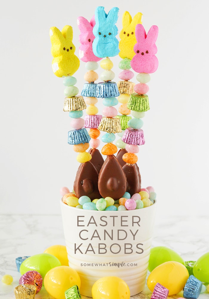 Candy Kabobs are easy Easter treats that look adorably festive in your children's Easter baskets! #candykabob #eastertreats #diycandykabob #eastercandykabob via @somewhatsimple