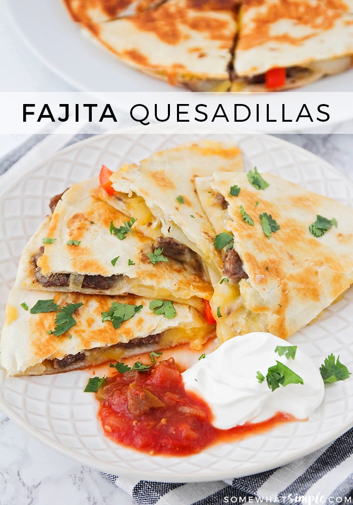 Your weeknight dinner routine just got a little tastier and easier with this delicious fajita quesadilla recipe!  Loaded with steak, cheese, sautéd onions and bell peppers these quesadillas will blow your taste buds away!  #fajitaquesadilla #fajitaquesadillarecipe #easyquesadillas #steakquesadillas  via @somewhatsimple