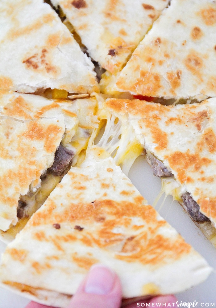 a cheesy steak quesadilla cut into pieces