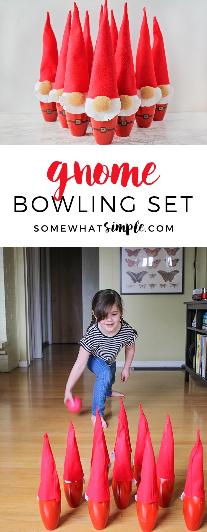 This adorable and fun gnome mini bowling set is so quick and easy to make, and it is the perfect kids bowling activity to do indoors! via @somewhatsimple