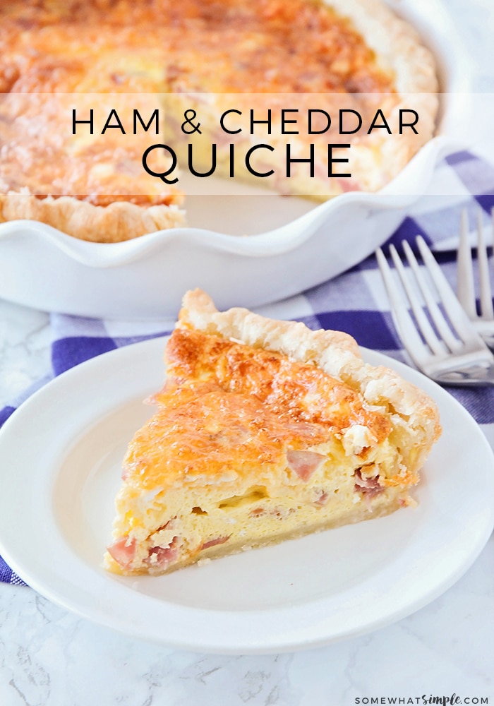 This simple to make ham and cheese quiche is so savory and loaded with flavor! It's an easy quiche recipe that is delicious, and filling, and perfect for breakfast or dinner! #quiche #breakfast #hamandcheesequiche #easyquicherecipe #quicherecipe #howtomakequiche via @somewhatsimple