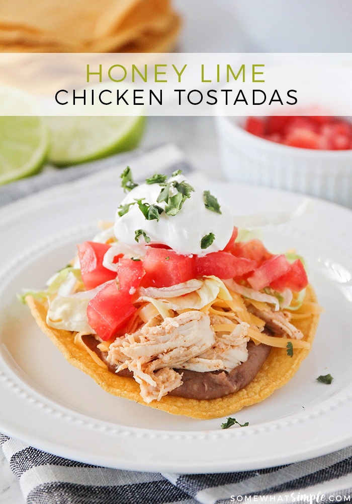 easy honey lime chicken tostada topped with sour cream