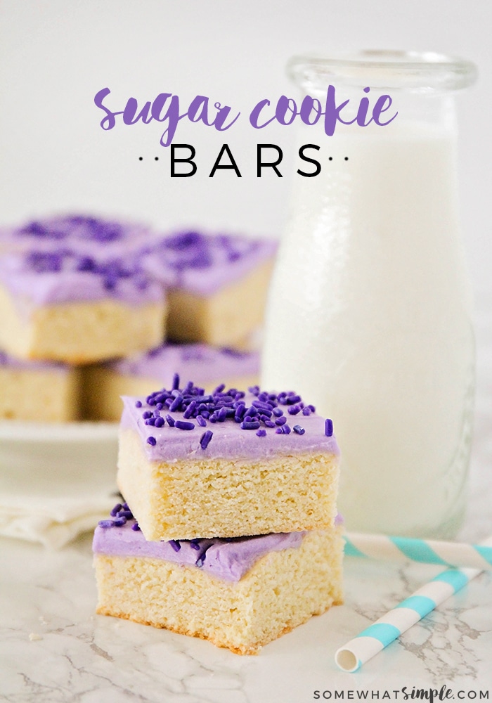 Sugar cookie bars not only taste amazing, they are even easier to make than their sugar cookie cousin!  This recipe has the same delicious taste without all of the rolling and cutting needed to make cookies.  Topped with a delicious frosting, you won't be able to put these down.  #sugarcookiebars #sugarcookiebarsrecipe #howtomakesugarcookiebars #bestsugarcookiebars #easysugarcookiebars via @somewhatsimple