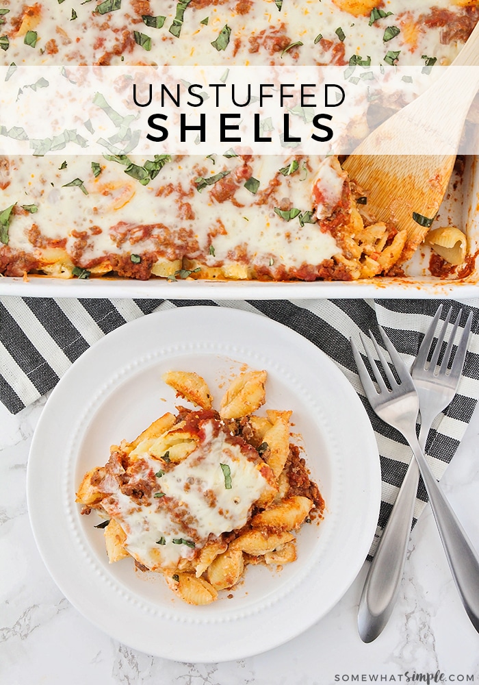 This easy unstuffed shells recipe is creamy and delicious! It has all the saucy flavors of a traditional stuffed shells recipe but without all the extra work! #unstuffedshells #unstuffedpastashellsrecipe #unstuffedshellspastabake #unstuffedshellscasserole #unstuffedshellsandmeatsauce via @somewhatsimple