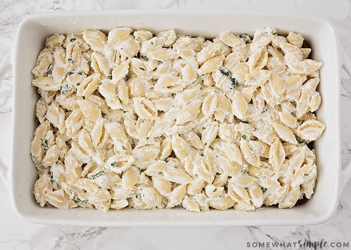 a casserole dish filled with pasta shells covered in a blend of melted cheeses