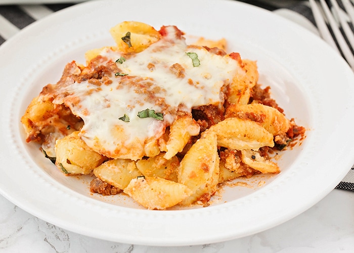 a plate of unstuffed pasta shells covered in a layer of cheese