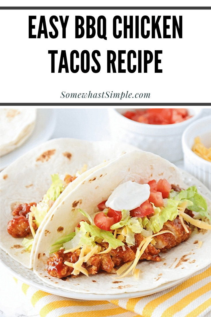 BBQ chicken tacos are a delicious twist on a classic Mexican recipe. Using simple ingredients, they're easy to make! Made with just a few basic ingredients, these tacos are super easy to make and everyone will love them! #tacos #tacotuesday #bbqchickentacorecipe #bbqchicken #bbqchickentacos #chickentacos via @somewhatsimple