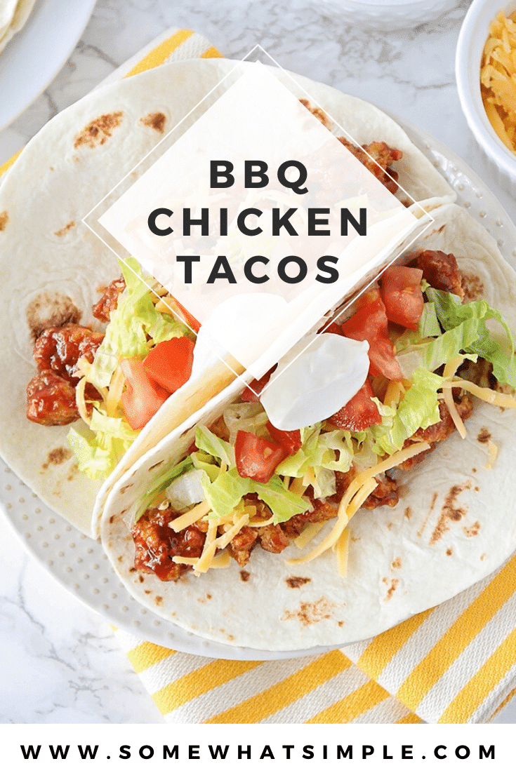 BBQ chicken tacos are a delicious twist on a classic Mexican recipe. Using simple ingredients, they're easy to make! Made with just a few basic ingredients, these tacos are super easy to make and everyone will love them! #tacos #tacotuesday #bbqchickentacorecipe #bbqchicken #bbqchickentacos #chickentacos via @somewhatsimple