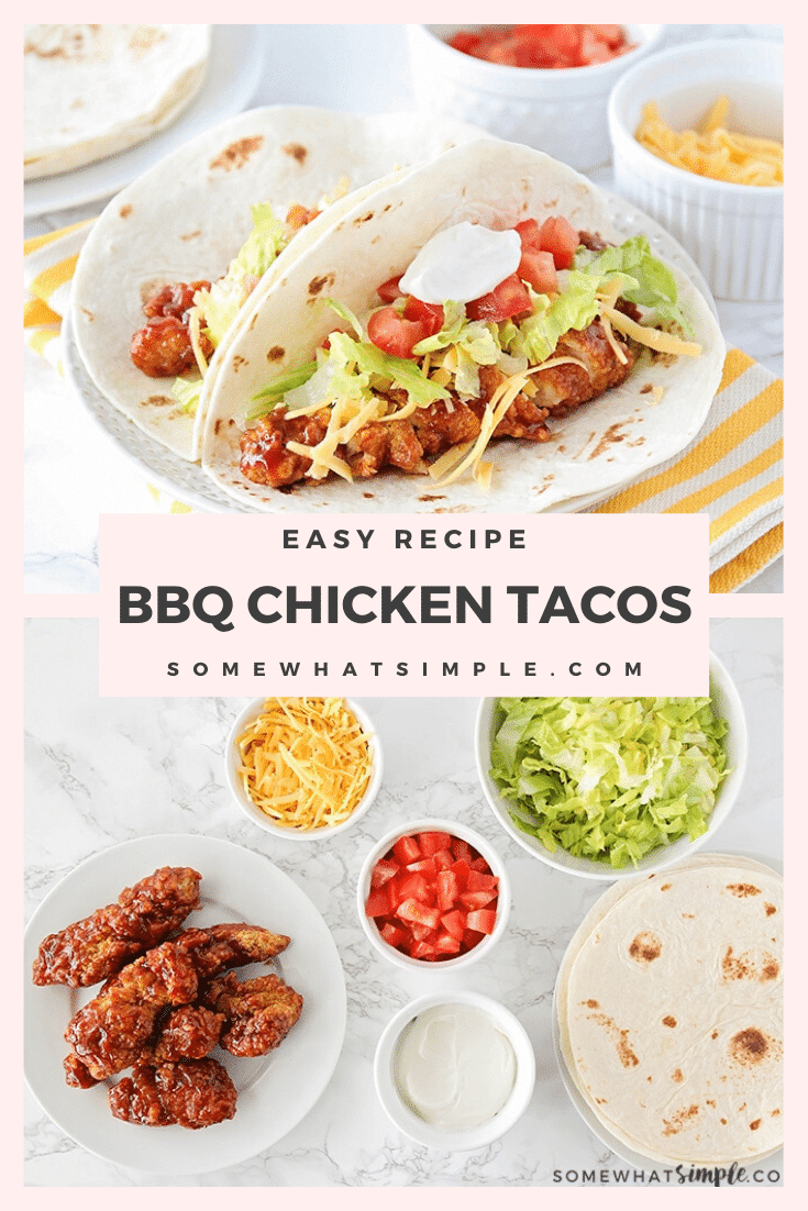 BBQ chicken tacos are a delicious twist on a classic Mexican recipe. Using simple ingredients, they're easy to make! Made with just a few basic ingredients, these tacos are super easy to make and everyone will love them! #tacos #tacotuesday #bbqchickentacorecipe #bbqchicken #bbqchickentacos #chickentacos via @somewhatsimple