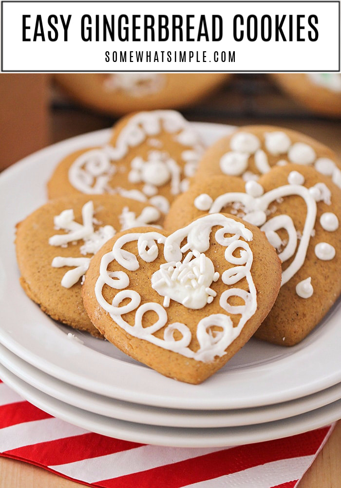 Spread some holiday cheer by making some easy gingerbread cookies. These homemade cookies are soft, simple to make, and make the perfect holiday gift! These are the perfect cookie recipe for the Christmas season. via @somewhatsimple