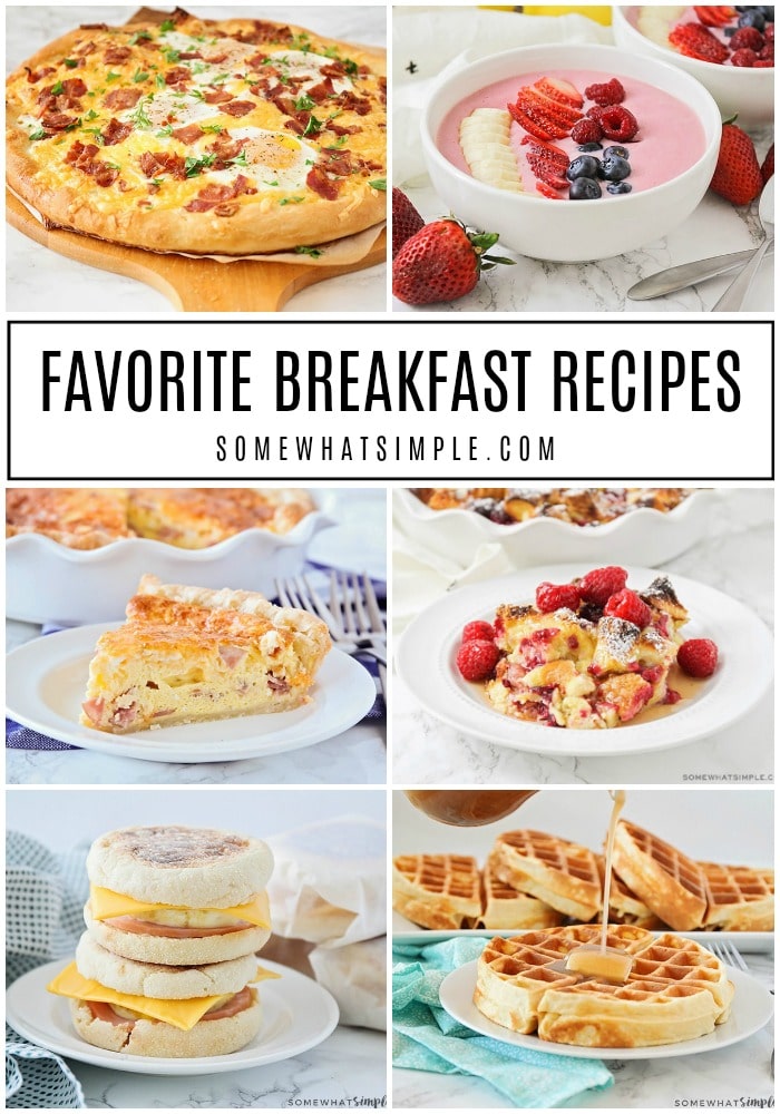 Rise and shine with one of our favorite breakfast recipes! Homemade pancakes, French toast, breakfast casseroles, granola, waffles, omelets, cinnamon rolls and MORE! 70 delicious recipes that will get your morning started off right! #breakfast #pancakes #waffles #frenchtoast #breakfastcasserole #muffins #smoothies via @somewhatsimple