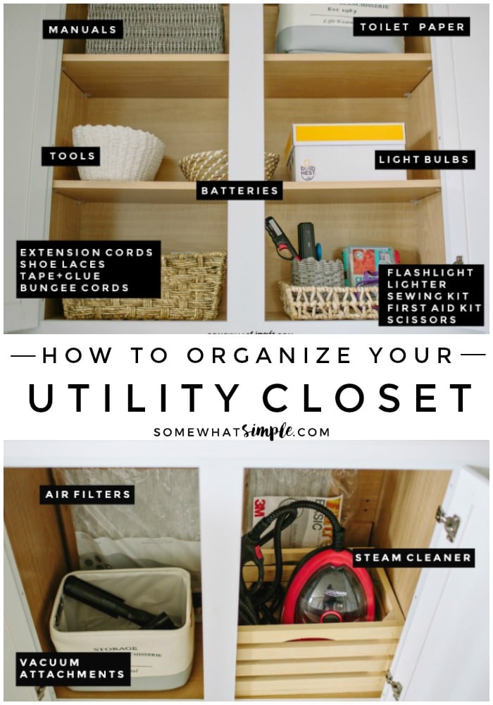 Batteries, light bulbs, flashlights and more - let's talk about how to organize your utility closet! #UtilityCloset #Organize #Organization #Clean #Junk #Closet #Cupboard via @somewhatsimple